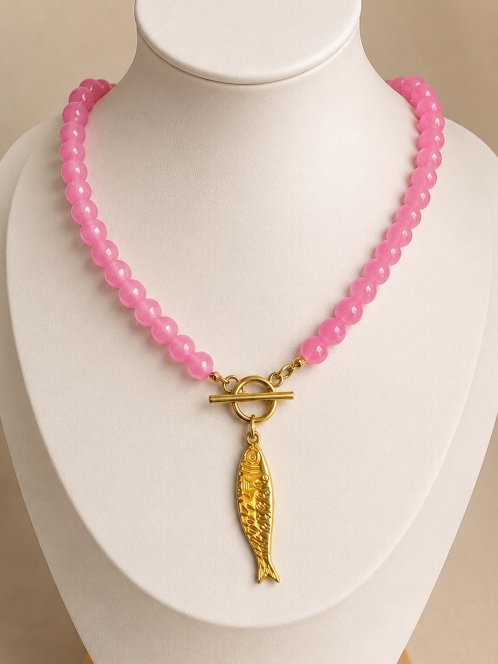 Pink Beaded Necklace Fish Charm